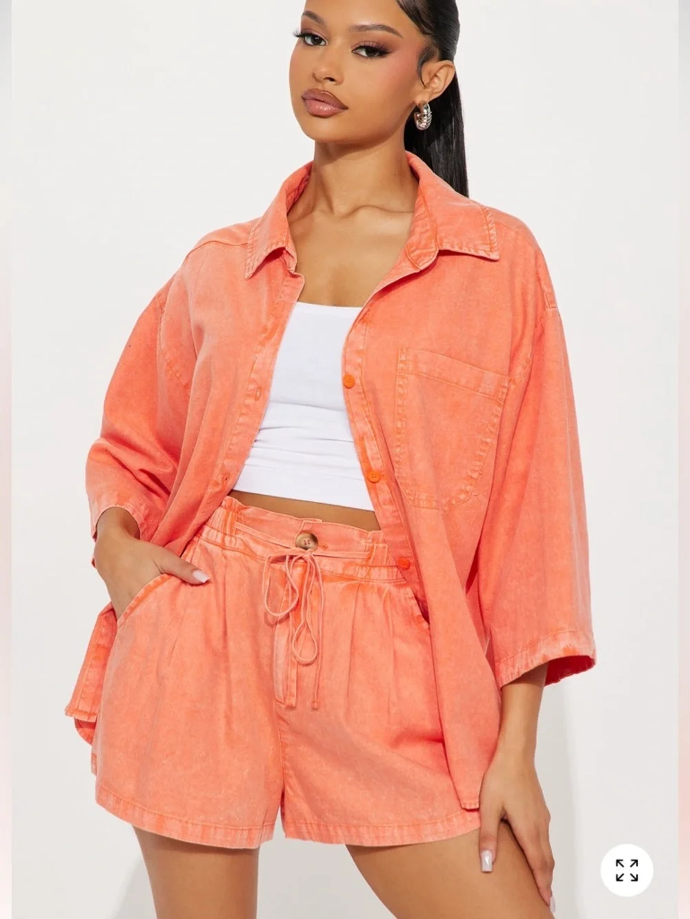 Orange Washed Button-Up & Shorts Set | Vacation Lounge Set | Size 2x - Picture 2 of 3